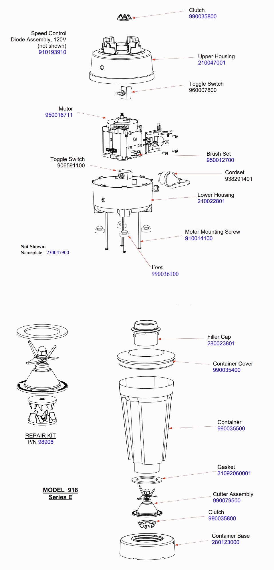 Diagram Diagram and Parts List for 918-E  Hamilton Beach Blender